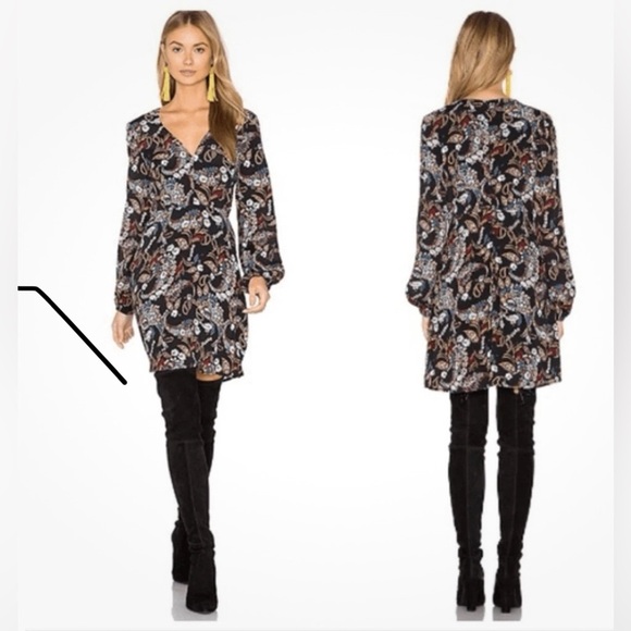 WAYF Malone Mini Dress Black Brown Floral Paisley Long Sleeve Small - Picture 1 of 10
